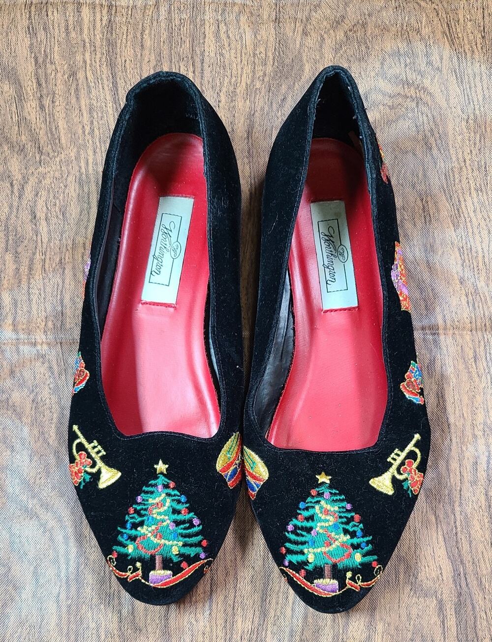 Vintage Worthington Christmas Ballet Flats 7.5 Black Velvet Granny Embroidered